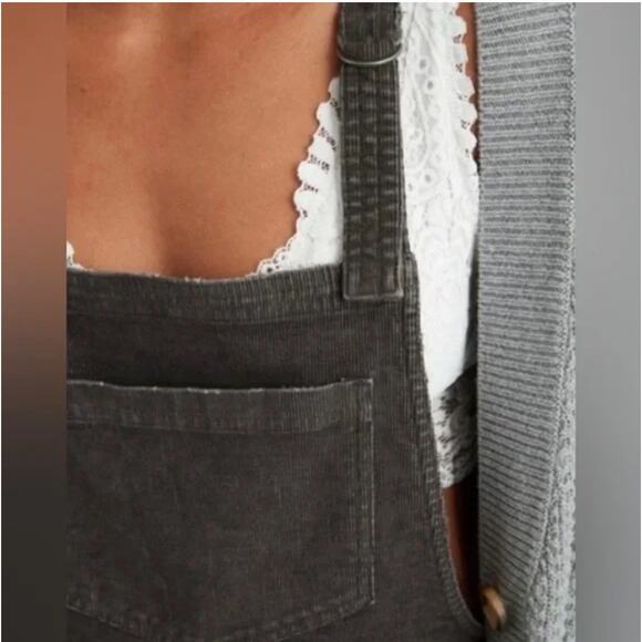 Aerie Werk & Play Corduroy Overalls Smoked Gray Cuffed Straight Leg Size Large - Picture 5 of 13